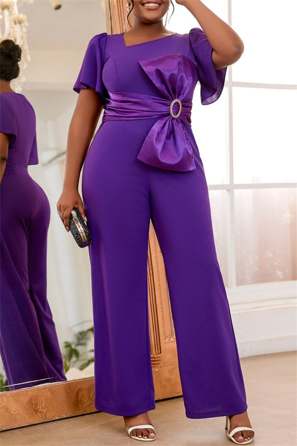 Formal Bow Decor Oblique Collar Flare Sleeve Cinch Waist Formal Party Evening Wide Leg Jumpsuits