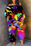 Casual Graphics Print Off Shoulder Long Sleeve Vacation Straight Harem Jumpsuits