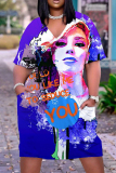 Casual Graphics Print Basic V Neck Short Sleeve Loose Pockets Midi T-Shirt Dress