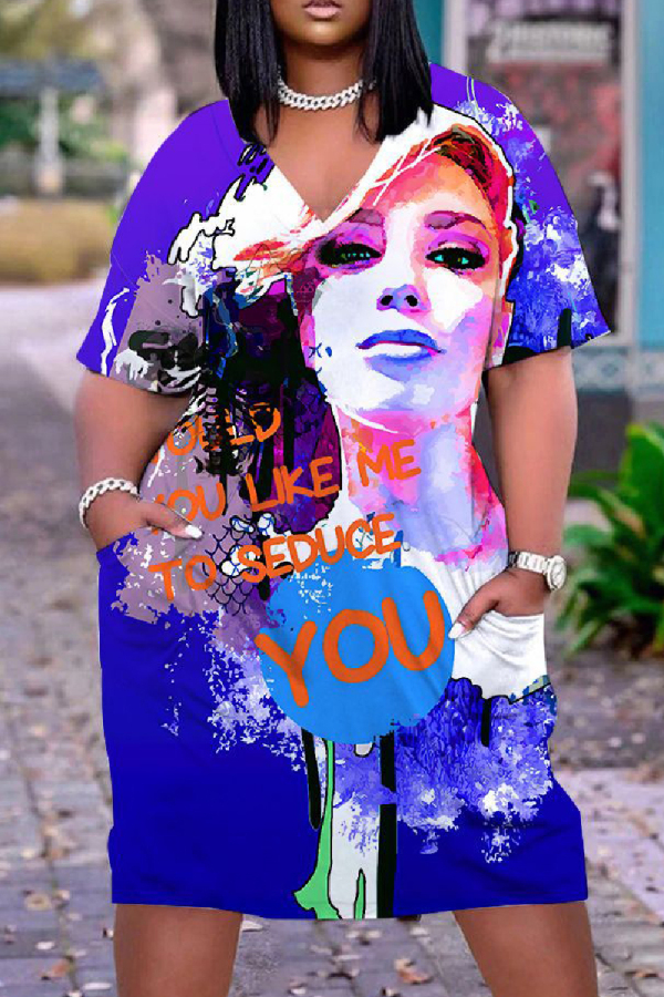 Casual Graphics Print Basic V Neck Short Sleeve Loose Pockets Midi T-Shirt Dress