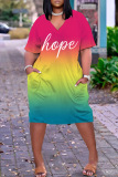 Casual Ombre Print Basic V Neck Short Sleeve Loose Pockets Midi T-Shirt Dress