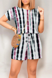 Casual Gradient Print O Neck Short Sleeve T-shirt Tops Draw String Pocket Loose Rompers Playsuits