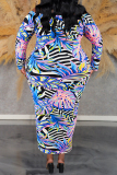 Leaf Print Backless Off Shoulder Long Sleeve Buckle Long Vacation Plus Size Bodycon Maxi Dress