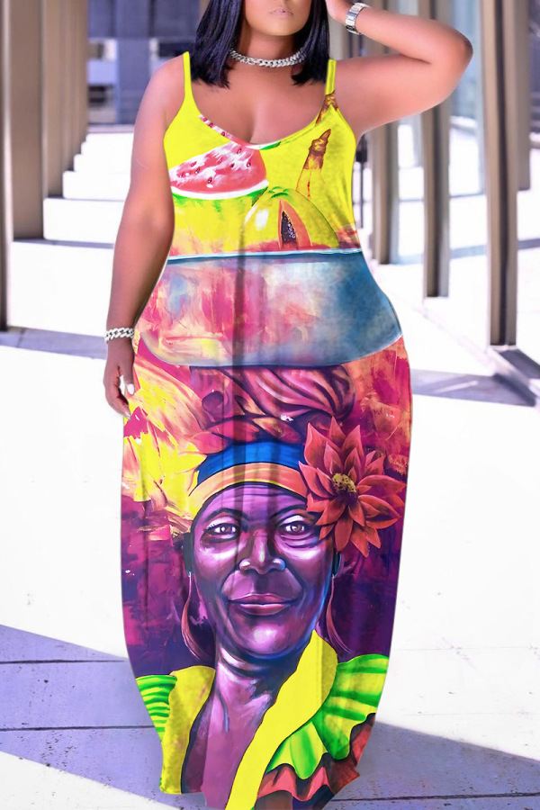 Sexy Graphics Print Backless Sleeveless Spaghetti Strap Floor Length Baggy Maxi Slip Dress