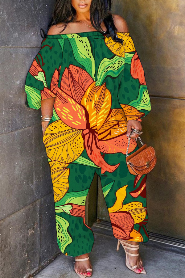 Casual Graphics Print Off Shoulder Long Sleeve Vacation Straight Harem Jumpsuits