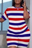 Casual Stripe Print O Neck Short Sleeve Oversize T-Shirt And Shorts Two Pieces Shorts Sets