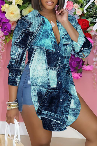 Casual Graphics Print Shirt Collar Long Sleeve Vacation Side Slit Irregular Hem Blouse