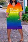 Casual Ombre Print Basic V Neck Short Sleeve Loose Pockets Midi T-Shirt Dress
