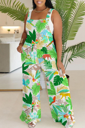 Casual Floral Print Backless Sleeveless Square Neck Vacation Wide Leg Jumpsuits Overall