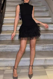 Formal Sleeveless Mandarin Collar Mesh Lace Tiered Hem Party Evening A Line Bodycon Mini Dresses