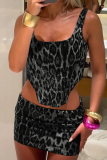 Street Leopard Print Backless Sleeveless Square Neck Irregular Hem Tank Crop Tops And Mini Skirt Party Evening Two Pieces Dress Sets