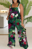 Casual Floral Print Backless Sleeveless Square Neck Vacation Wide Leg Jumpsuits Overall
