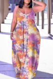 Sexy Graphics Print Backless Sleeveless Spaghetti Strap Floor Length Baggy Maxi Slip Dress
