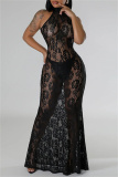 Formal Lace Flower Print Backless See-Through Mermaid Hem Long Party Evening Bodycon Halter Maxi Dress
