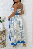 Sleeveless Backless Floral Print Belted One Piece Swimsuit Cover Up Slit Maxi Skirt Beach Vacation Swimwears
