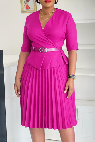 Formal V Neck Half Sleeve Ruched With Belt Office Lady Long A Line Pleated Midi Dresses