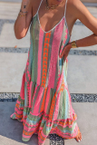 Geometric Print Backless Sleeveless V Neck Ruffle Tiered Hem Vacation A Line Maxi Slip Sundress