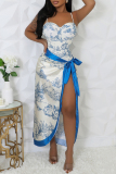 Sleeveless Backless Floral Print Belted One Piece Swimsuit Cover Up Slit Maxi Skirt Beach Vacation Swimwears