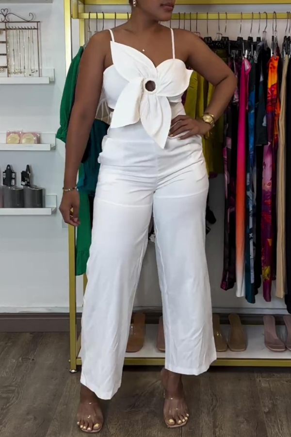 Casual Flower Decor Sleeveless Backless Belted Spaghetti Strap Vacation Wide Leg Cami Jumpsuits
