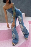 Casual Backless Strapless Ripped Denim Wide Leg Tube Tops Jumpsuits