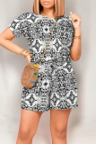 Boho National Totem Print Draw String O Neck Short Sleeve Vacation Loose T-shirt Rompers