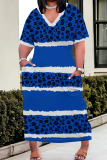 African Casual Stripe Print V Neck Short Sleeve Pocket Loose Plus Size Midi T-Shirt Dress