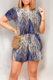 Casual Geometric Print Draw String Pocket O Neck Short Sleeves With Belt Loose T-shirt Rompers