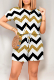 Casual Ripple Print O Neck Short Sleeve  Draw String Pocket Loose Rompers