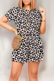 Casual Leopard Print O Neck Short Sleeve Draw String Pocket Loose T-shirt Rompers