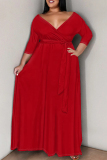 Casual Deep V Neck 3/4 Sleeve Strap Design Belted Floor Length Plus Size Vacation Loose A Line Maxi Dress