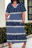 African Casual Stripe Print V Neck Short Sleeve Pocket Loose Plus Size Midi T-Shirt Dress