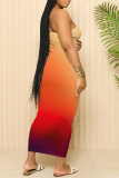 Ombre Print Sleeveless Backless Spaghetti Strap Square Neck Vacation Bodycon Maxi Slip Dress