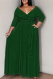 Casual Deep V Neck 3/4 Sleeve Strap Design Belted Floor Length Plus Size Vacation Loose A Line Maxi Dress
