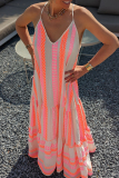 Geometric Print Backless Sleeveless V Neck Ruffle Tiered Hem Vacation A Line Maxi Slip Sundress