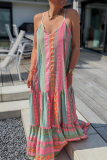 Geometric Print Backless Sleeveless V Neck Ruffle Tiered Hem Vacation A Line Maxi Slip Sundress