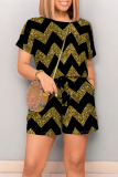 Casual Ripple Print O Neck Short Sleeve  Draw String Pocket Loose Rompers
