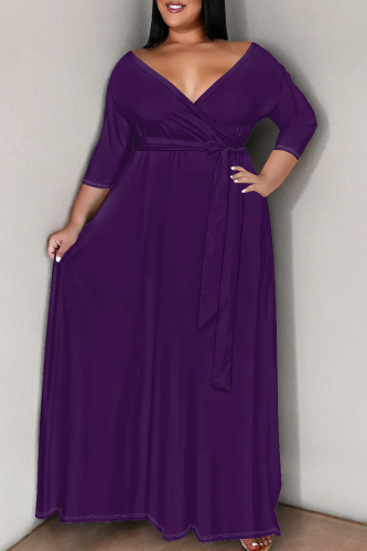 Casual Deep V Neck 3/4 Sleeve Strap Design Belted Floor Length Plus Size Vacation Loose A Line Maxi Dress