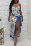 Sleeveless Backless Floral Print Belted One Piece Swimsuit Cover Up Slit Maxi Skirt Beach Vacation Swimwears