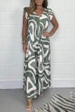 Casual Graphcis Print Ruffle Sleeve V Neck  Loose Vacation Wide Leg Jumpsuits