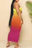 Ombre Print Sleeveless Backless Spaghetti Strap Square Neck Vacation Bodycon Maxi Slip Dress