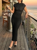 Formal Lace Print O Neck Short Sleeve Slit Long Formal Party Evening Bodycon Midi Dresses