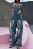 Casual Backless Strapless Ripped Denim Wide Leg Tube Tops Jumpsuits