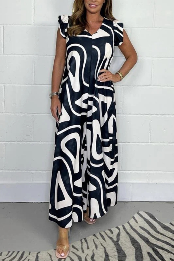 Casual Graphcis Print Ruffle Sleeve V Neck  Loose Vacation Wide Leg Jumpsuits