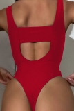 Backless Sleeveless Hollow Out Lace Up Belted One Piece Swimsuit Vacation Beach Swimwears