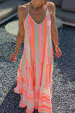 Geometric Print Backless Sleeveless V Neck Ruffle Tiered Hem Vacation A Line Maxi Slip Sundress