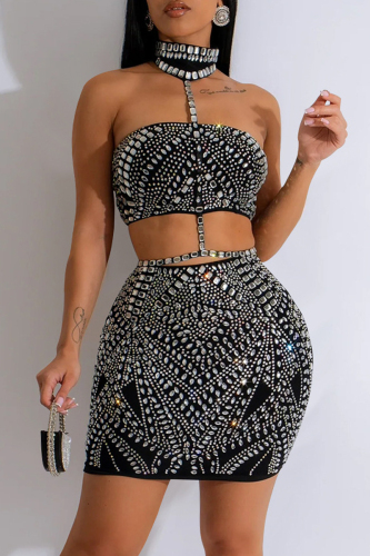 Formal Sleeveless Backless Hot DrillingHalter Crop Tops And Mini Skirt Party Evening Two Pieces Dress Set