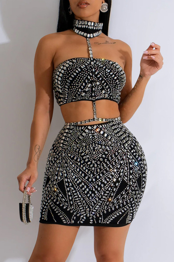 Formal Sleeveless Backless Hot DrillingHalter Crop Tops And Mini Skirt Party Evening Two Pieces Dress Set