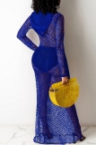 Knitted Long Sleeve Hooded See-Through  Hollow Out  Beach Vacation Mesh Maxi Dresses