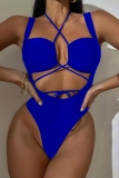 Backless Sleeveless Hollow Out Lace Up Belted One Piece Swimsuit Vacation Beach Swimwears