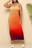 Ombre Print Sleeveless Backless Spaghetti Strap Square Neck Vacation Bodycon Maxi Slip Dress